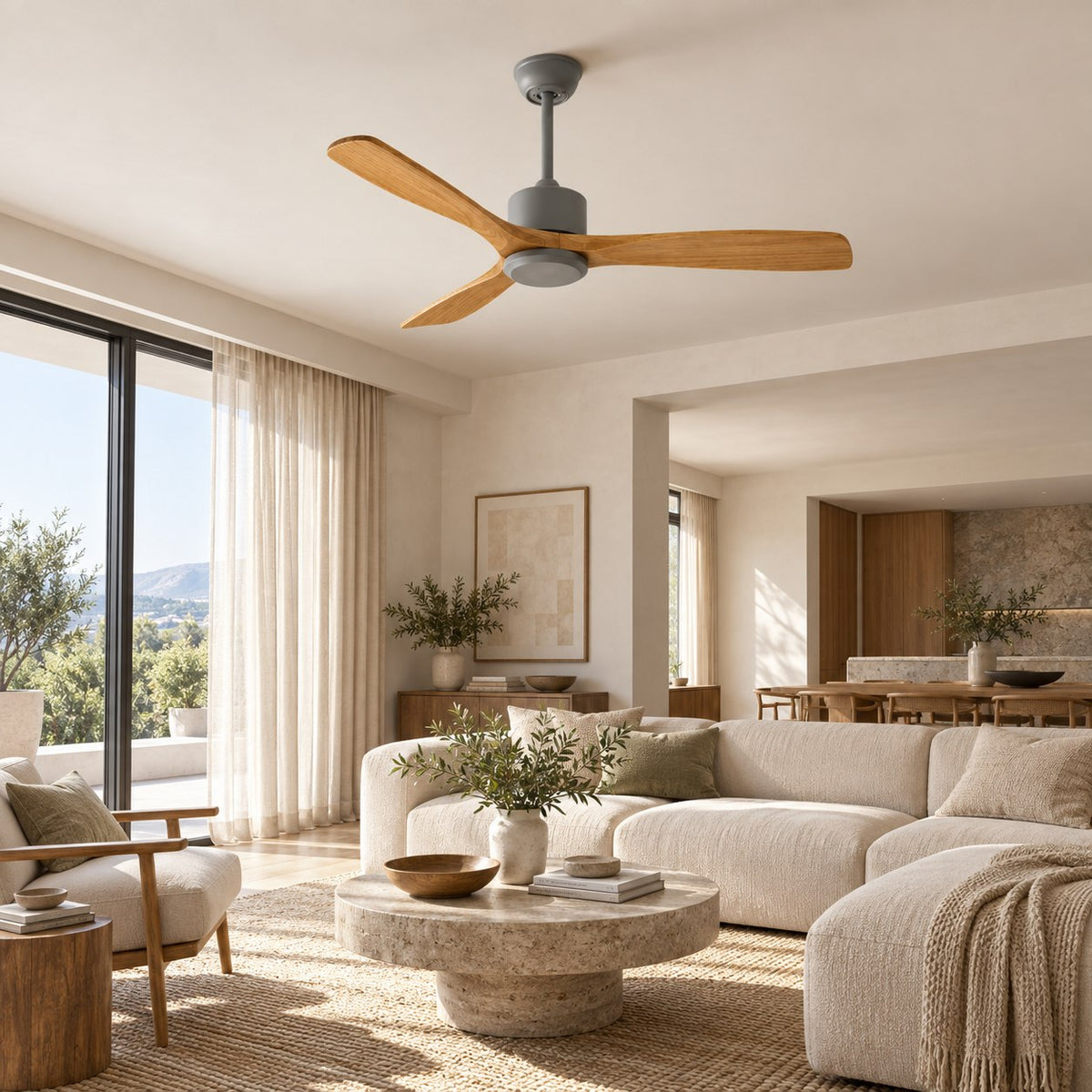 Modern Ceiling Fan 60 Inch Wood Blades Flush Mount Remote Control Energy Efficient Adjustable Speed