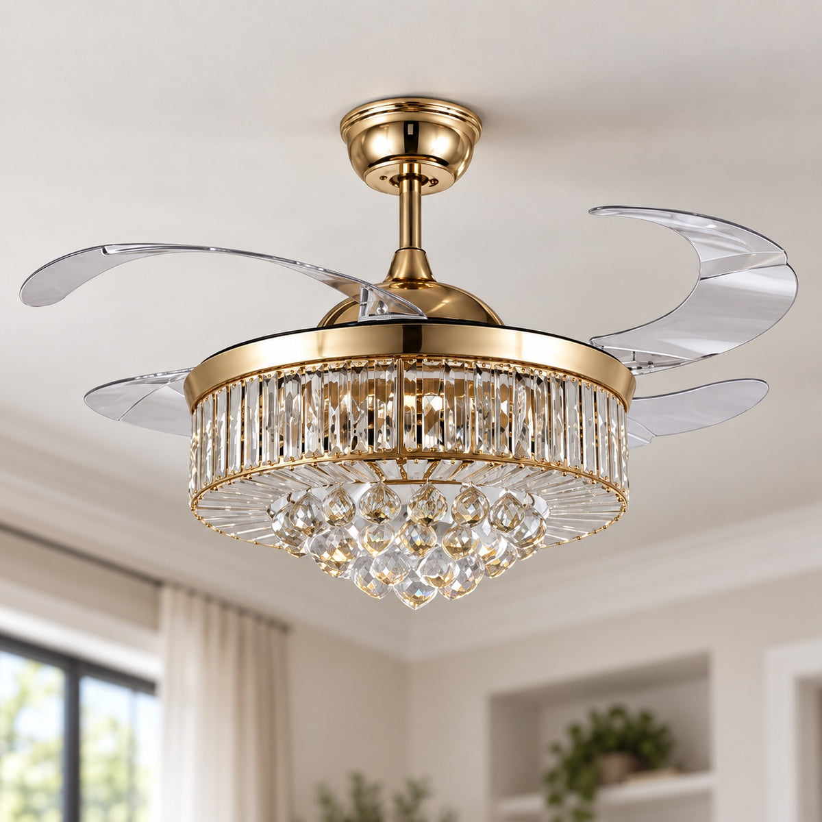 European Modern Ceiling Fan with Dimmable LED Lights Flush Mount Crystal Shade 48W 4 Blades