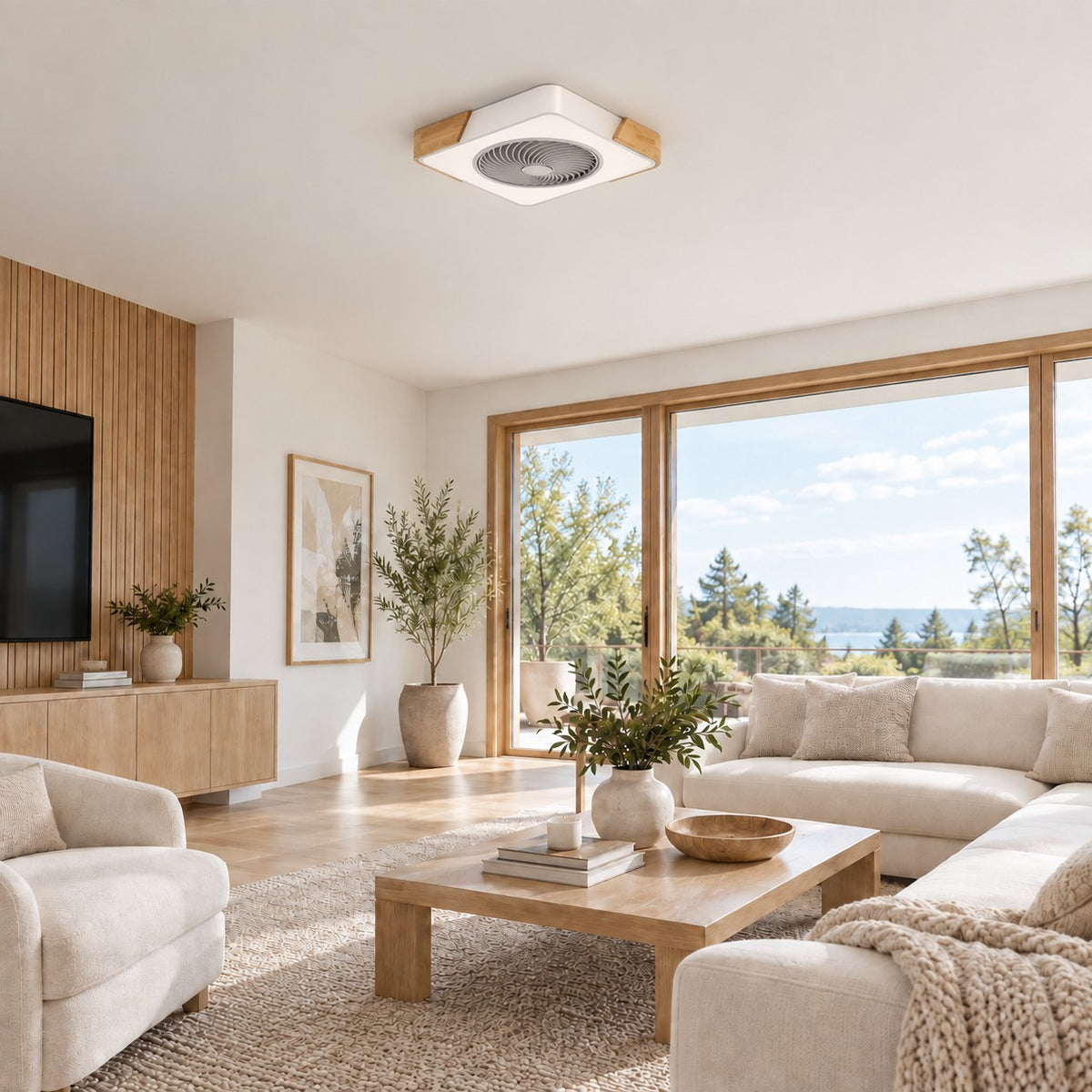 Modern Bladeless Ceiling Fan with Lights Flush Mount Iron Frame Dimmable LED Color Temperature