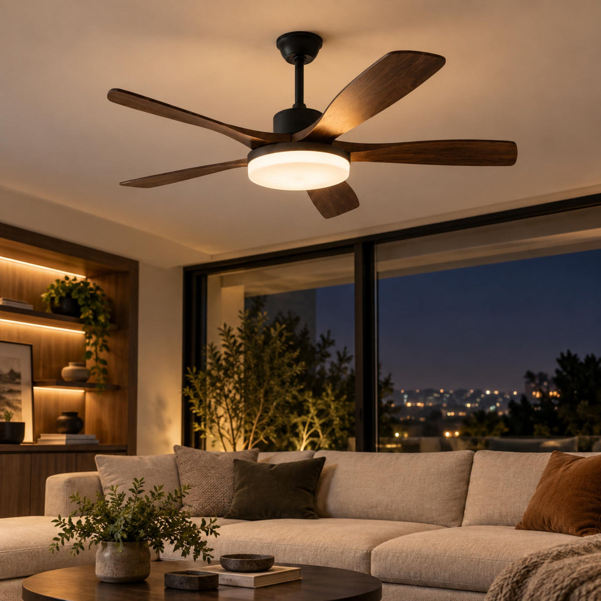 Modern Flush Mount Ceiling Fan with Lights 5-Blade Metal Adjustable LED Remote Control 48/52 Inch