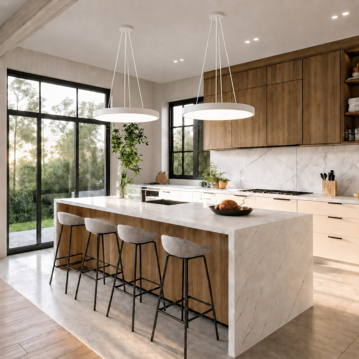 Modern Round Pendant Light Adjustable Hanging Metal Acrylic LED Dimmable Ceiling Light Fixture