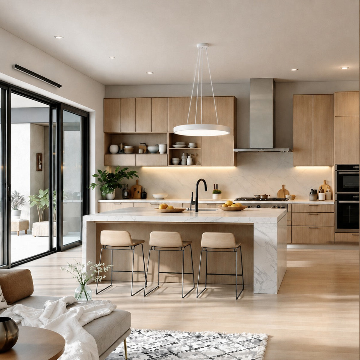 Modern Round Pendant Light Adjustable Hanging Metal Acrylic LED Dimmable Ceiling Light Fixture