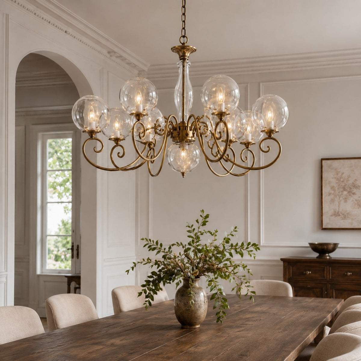Modern Glass Chandelier Hanging Light Fixture Adjustable Height LED Compatible for Dining Room