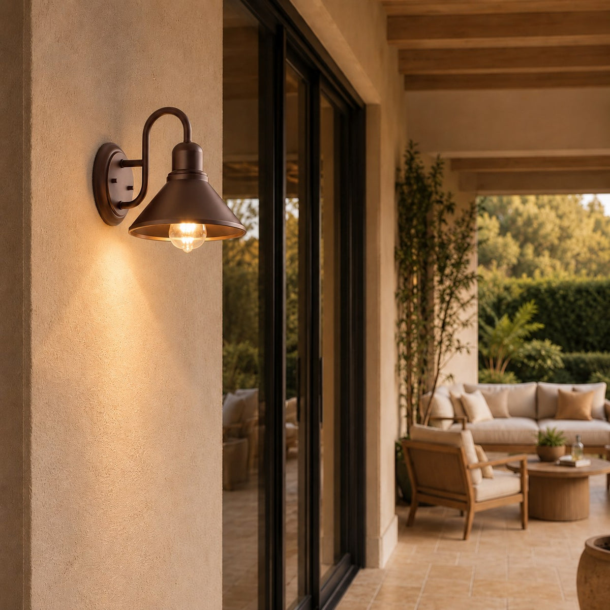 Black Outdoor Wall Light Sconce with Caged Metal Shade and LED Compatibility for Exterior Use