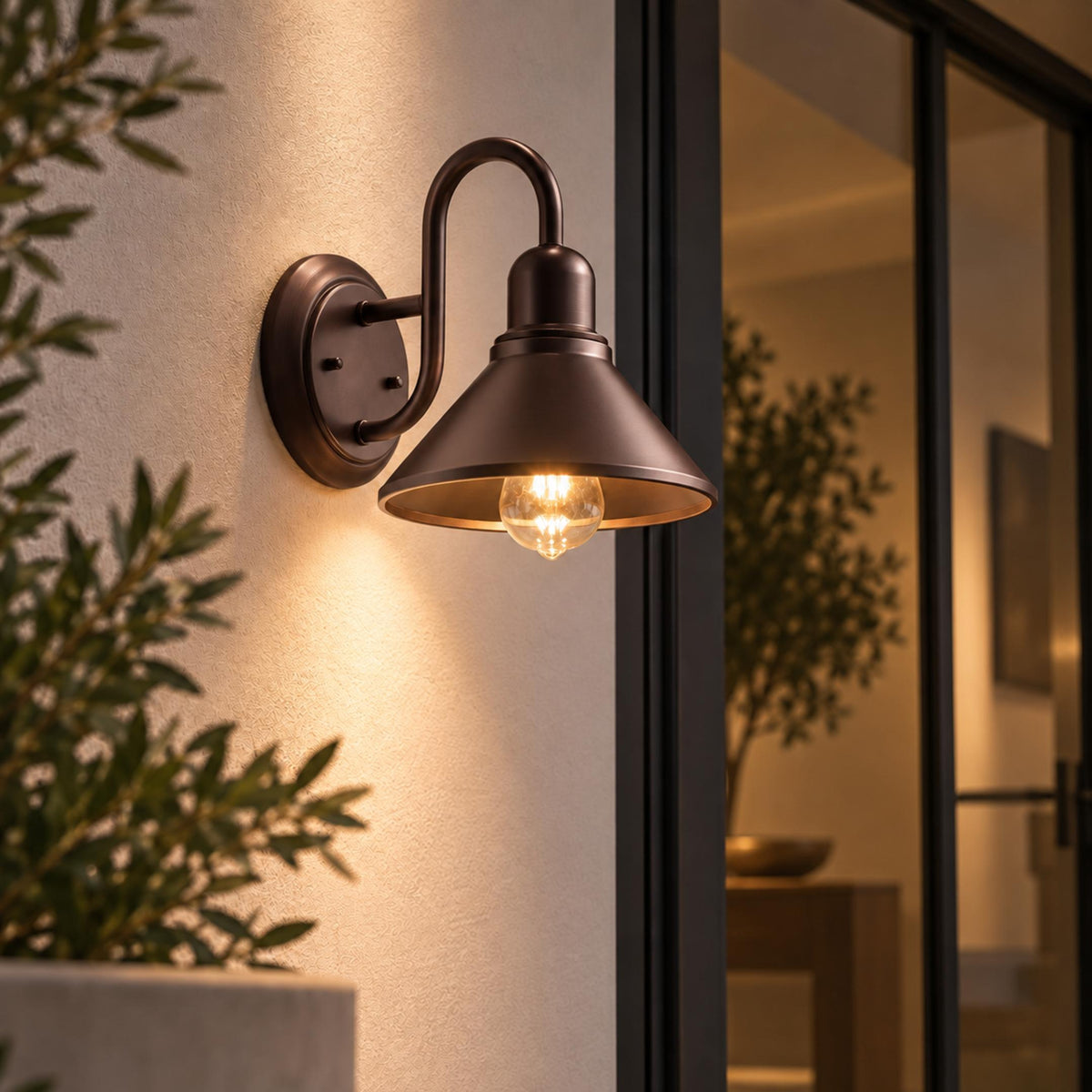 Black Outdoor Wall Light Sconce with Caged Metal Shade and LED Compatibility for Exterior Use