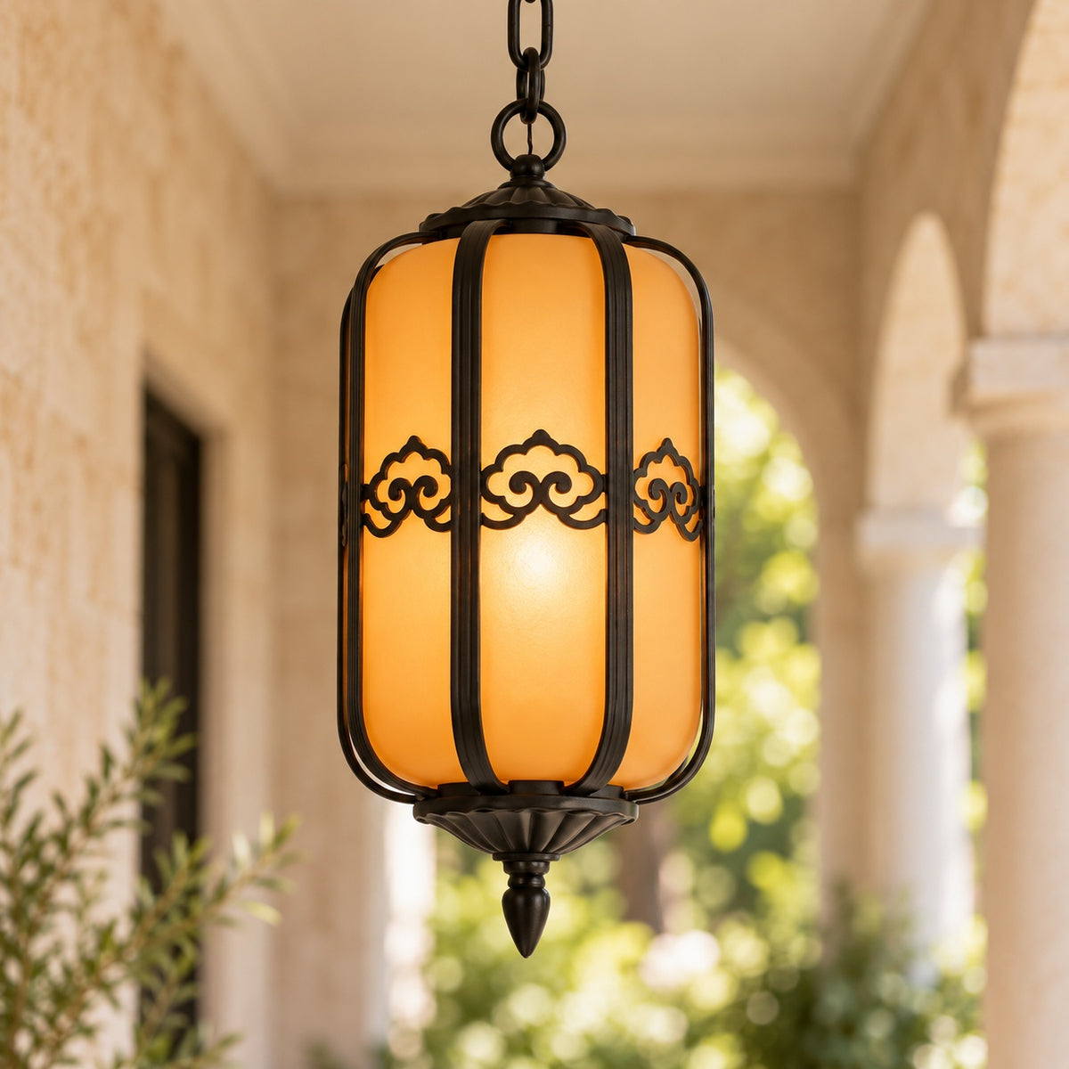 Traditional Outdoor Hanging Light with Faux Alabaster Panels & Sandblasted Black Aluminium Frame