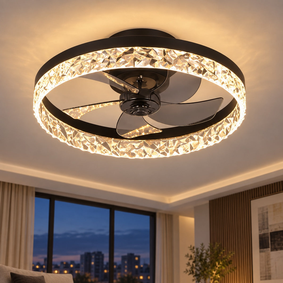 Modern Flush Mount Ceiling Fan with Lights Iron Frame Adjustable LED Color Temperature 3 Speed 1400LM