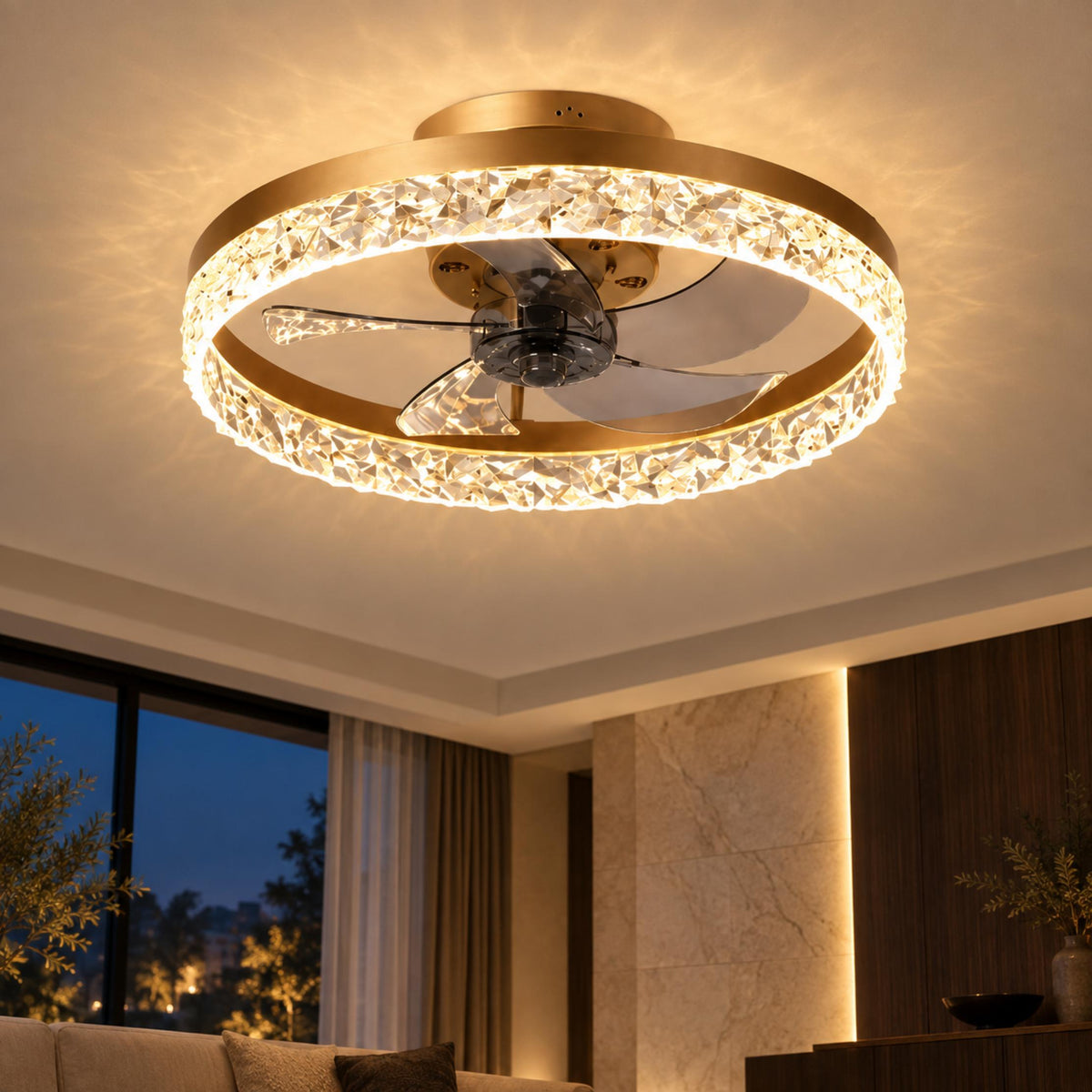 Modern Flush Mount Ceiling Fan with Lights Iron Frame Adjustable LED Color Temperature 3 Speed 1400LM