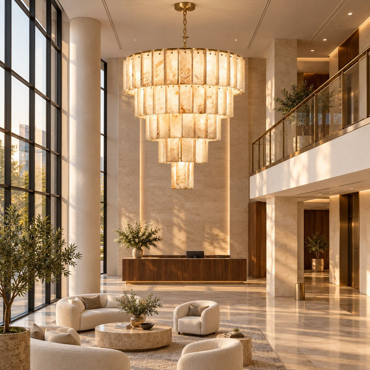 Modern Designer Chandelier Hanging Brass Frame with Alabaster Panels for Soft Ambient Glow