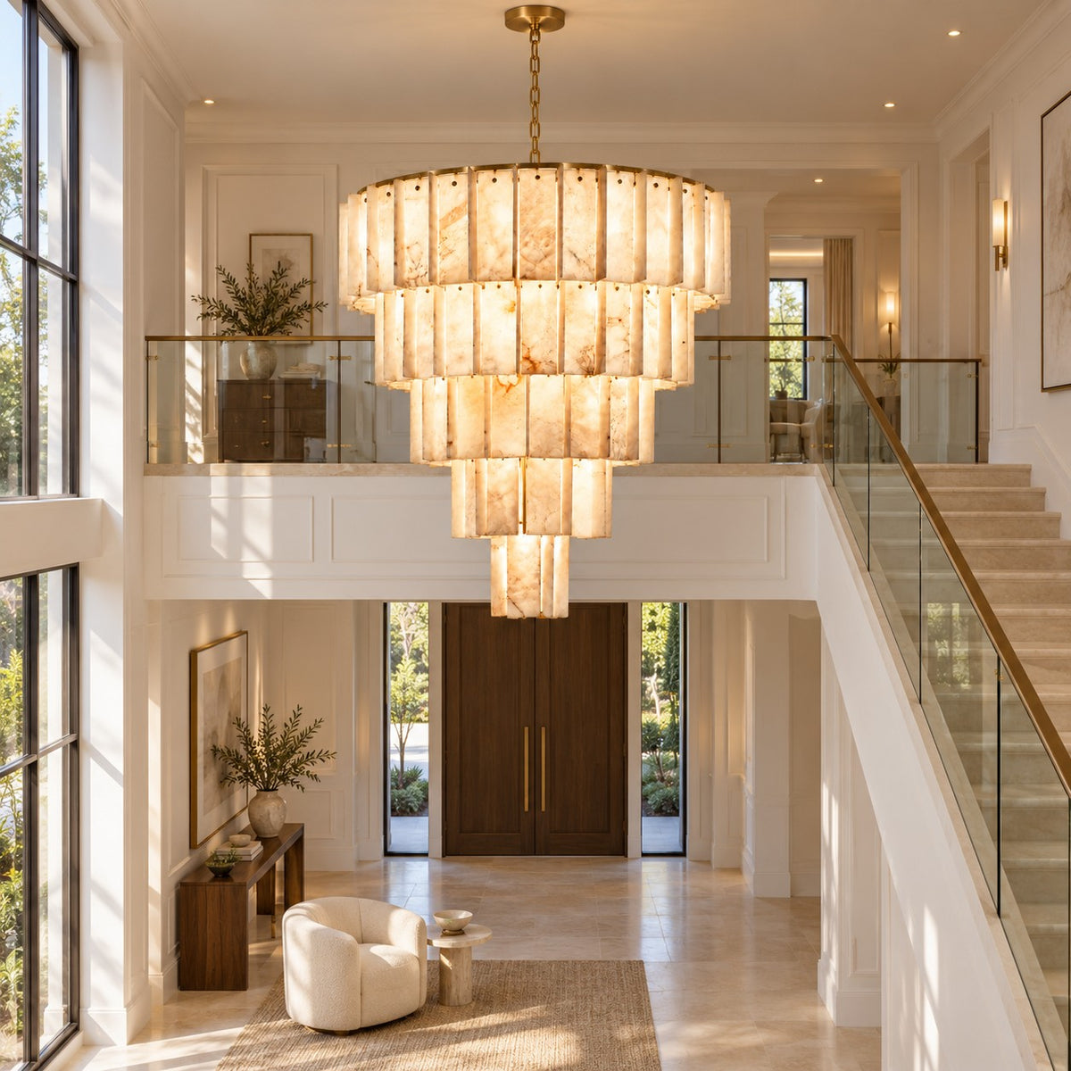 Modern Designer Chandelier Hanging Brass Frame with Alabaster Panels for Soft Ambient Glow