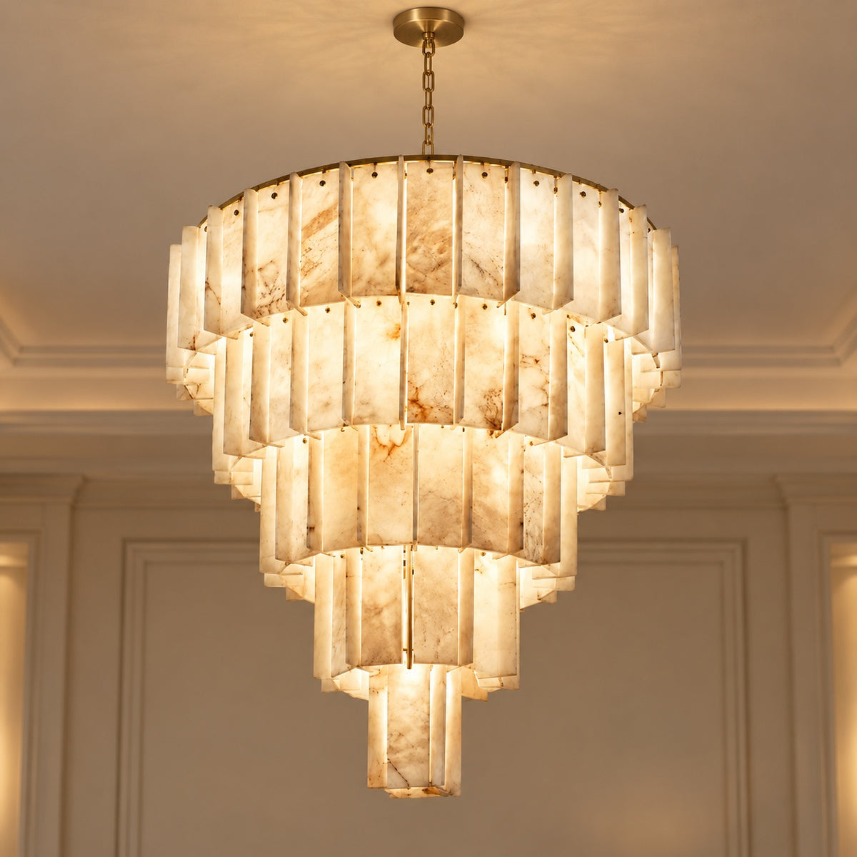 Modern Designer Chandelier Hanging Brass Frame with Alabaster Panels for Soft Ambient Glow