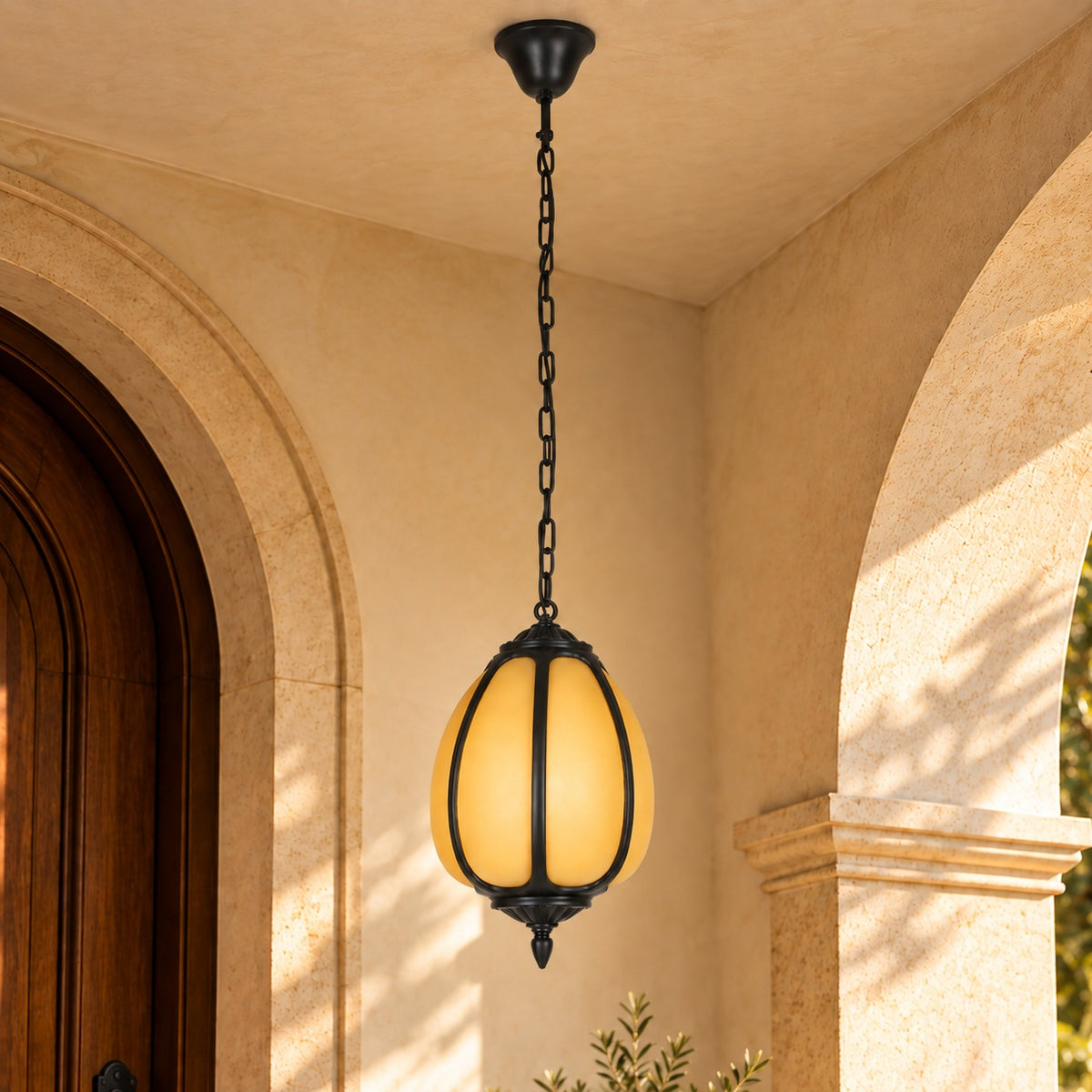 Traditional Outdoor Pendant Light with Faux Alabaster & Black Die-Cast Aluminium Frame