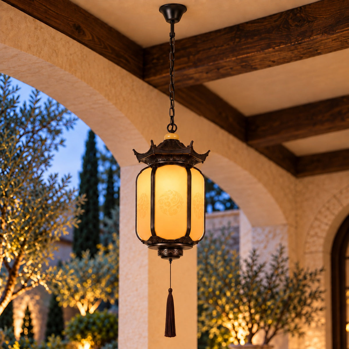 Traditional Pagoda Outdoor Pendant Light with Faux Alabaster Panels & Bronze Gold Aluminium Frame