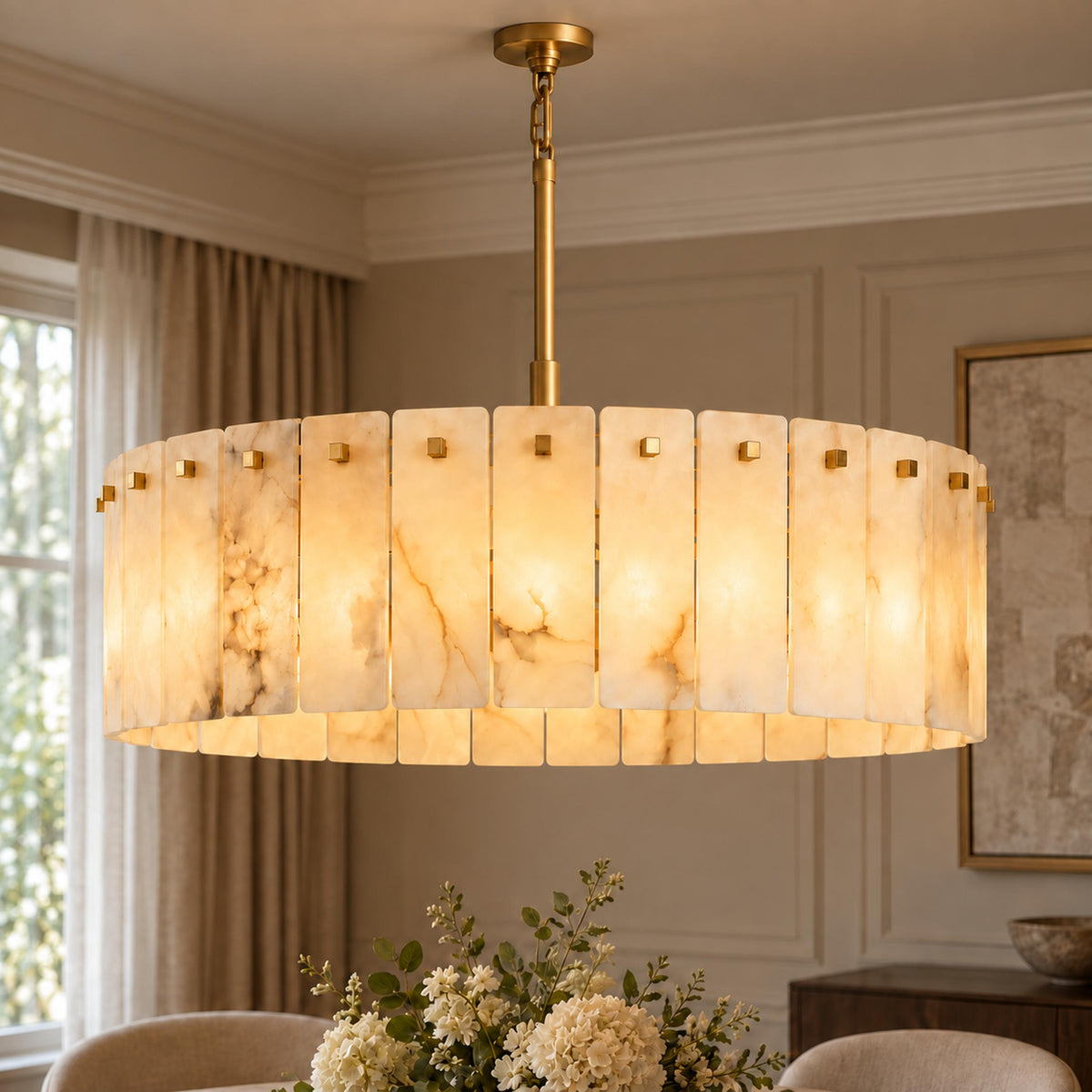 Modern Drum Chandelier Hanging Light Fixture with Alabaster Panels and Gold Frame for Soft Illumination