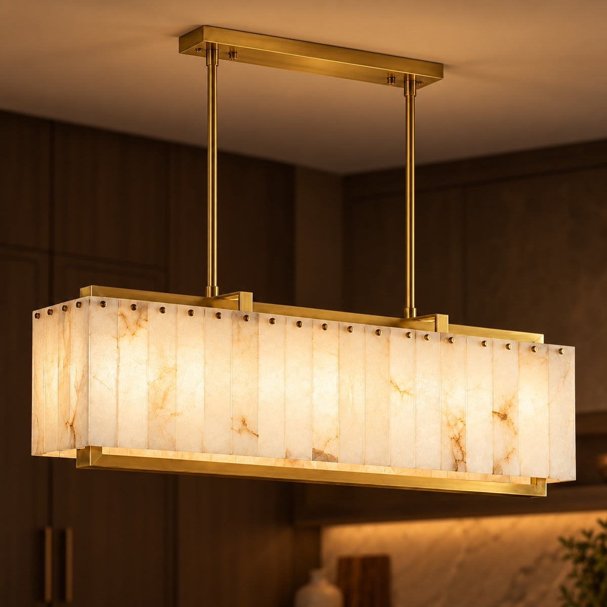 Modern Designer Chandelier Hanging Brass Frame with Alabaster Panels Soft Illumination E12