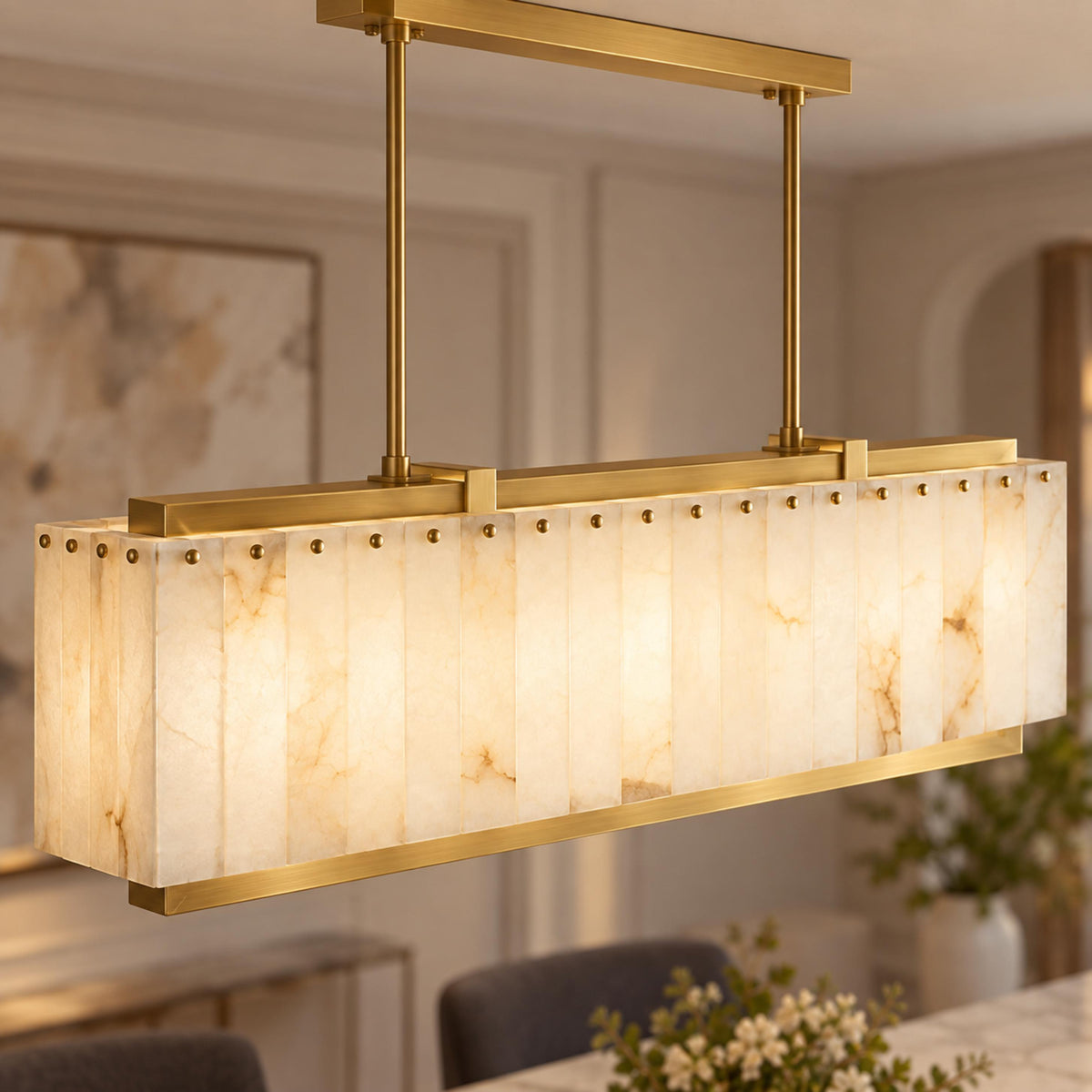 Modern Designer Chandelier Hanging Brass Frame with Alabaster Panels Soft Illumination E12