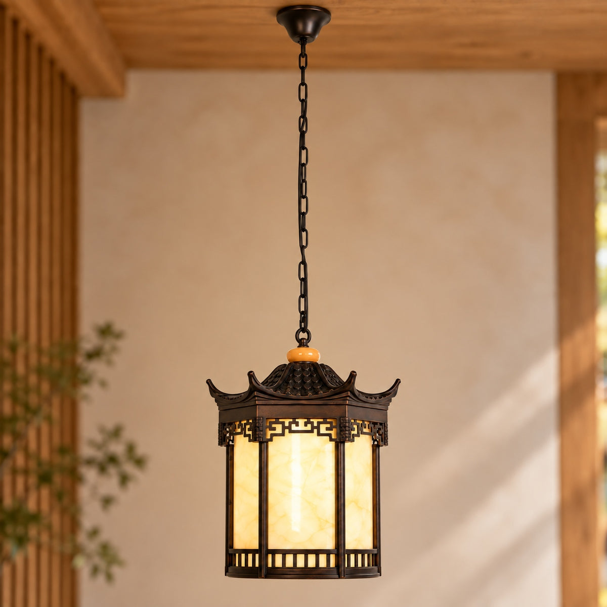 Traditional Pagoda Outdoor Hanging Light with Faux Alabaster & Bronze Gold Aluminium Frame