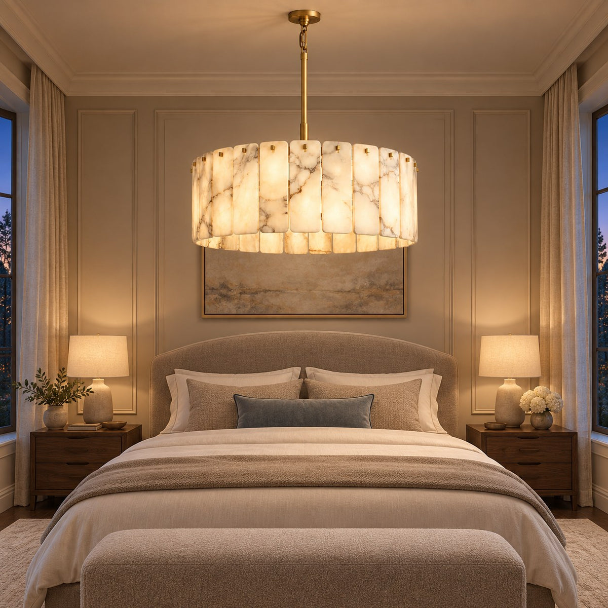 Modern Drum Chandelier Hanging Light Fixture with Alabaster Panels and Gold Frame for Soft Illumination
