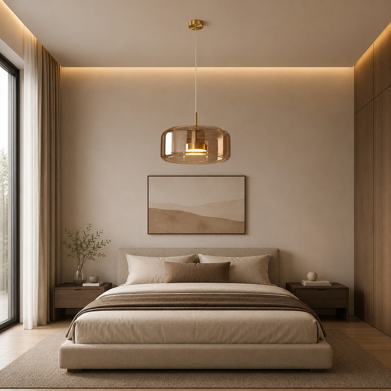 Modern Hanging Pendant Light Adjustable Black Iron Frame Hand-Blown Glass LED