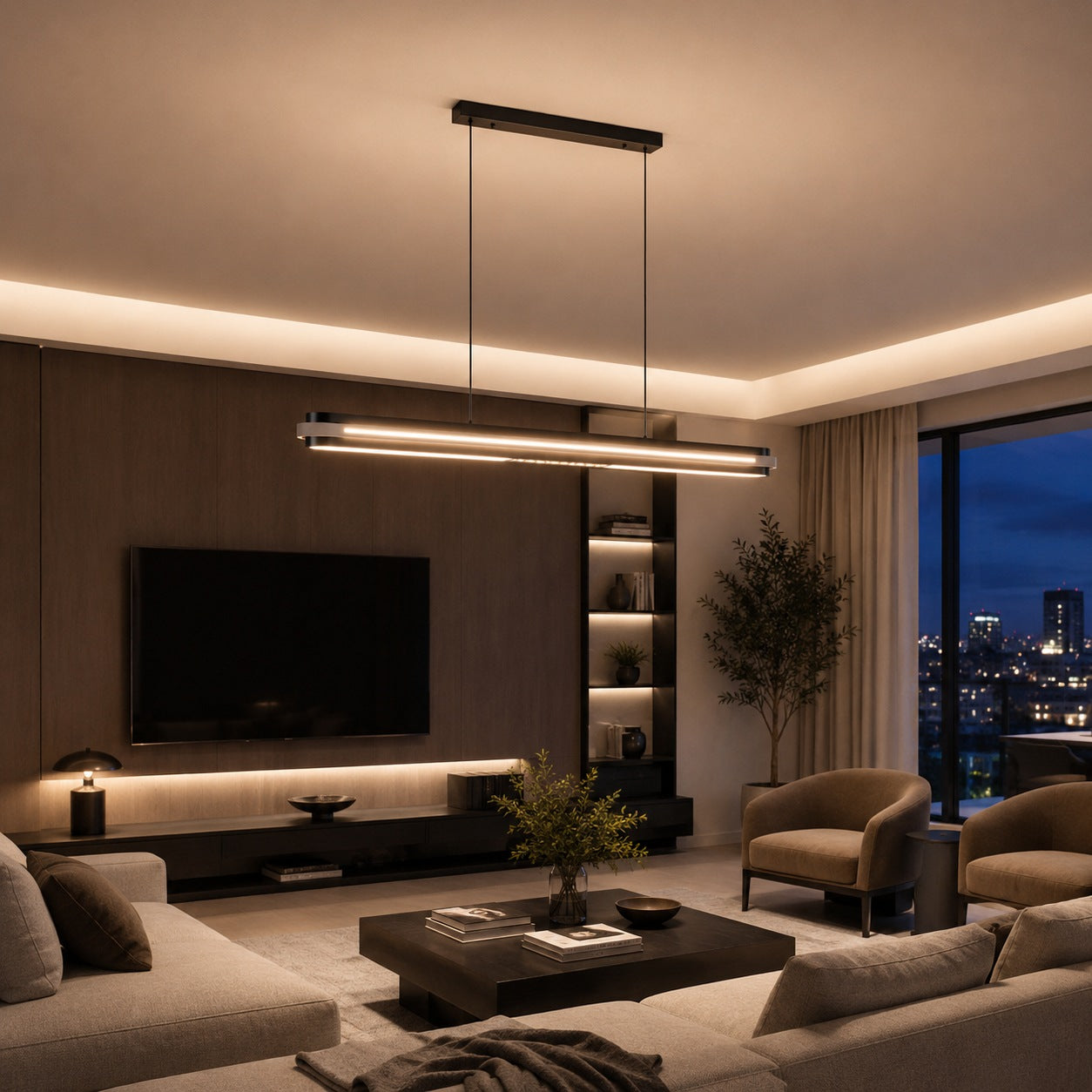 Modern Linear Pendant Lamp Adjustable Hanging Metal LED Ceiling Light Dimmable for Kitchen Dining Room
