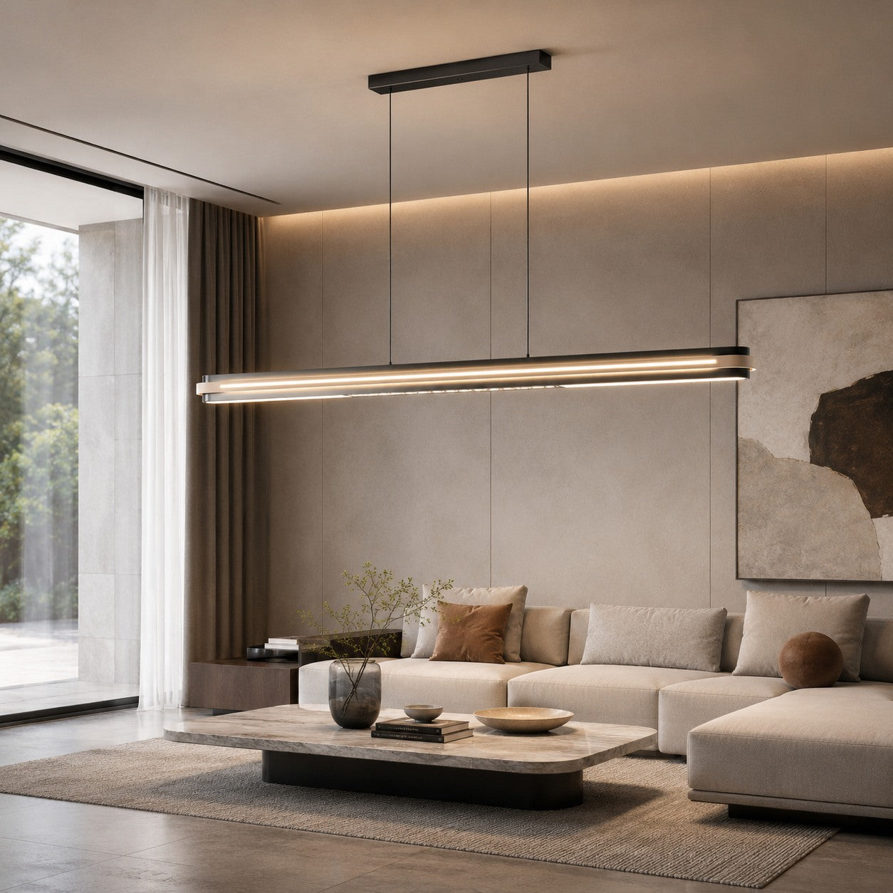 Modern Linear Pendant Lamp Adjustable Hanging Metal LED Ceiling Light Dimmable for Kitchen Dining Room