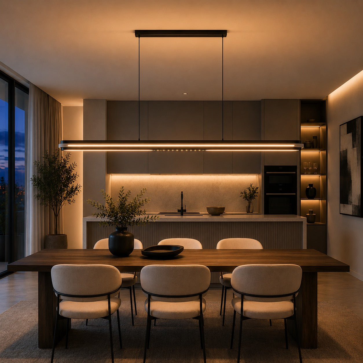 Modern Linear Pendant Lamp Adjustable Hanging Metal LED Ceiling Light Dimmable for Kitchen Dining Room