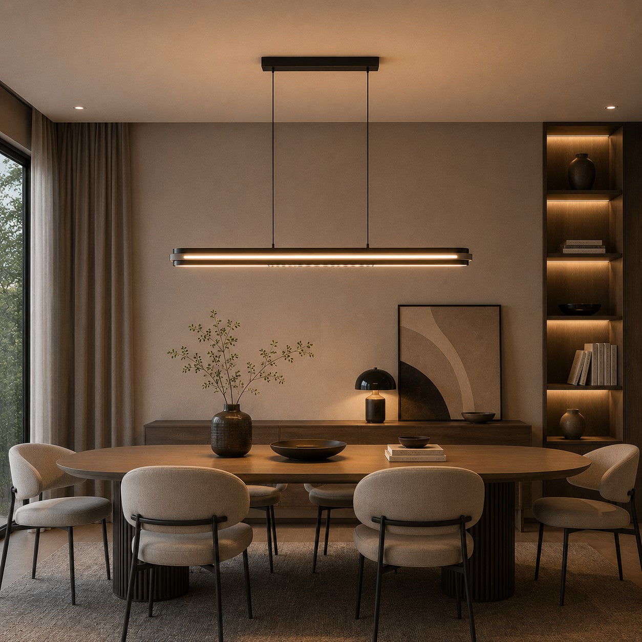 Modern Linear Pendant Lamp Adjustable Hanging Metal LED Ceiling Light Dimmable for Kitchen Dining Room