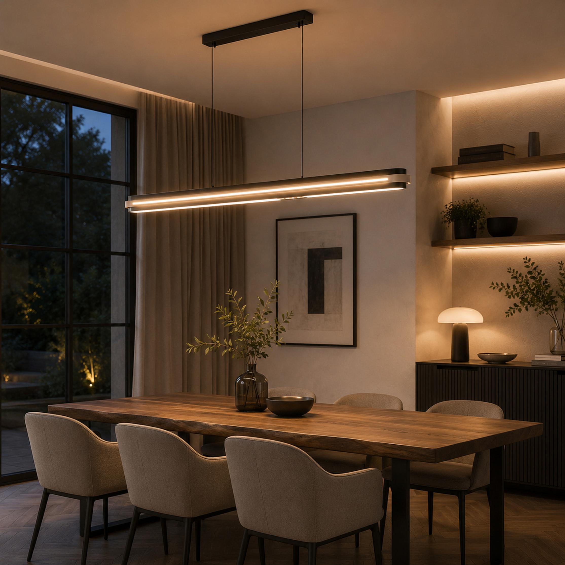 Modern Linear Pendant Lamp Adjustable Hanging Metal LED Ceiling Light Dimmable for Kitchen Dining Room
