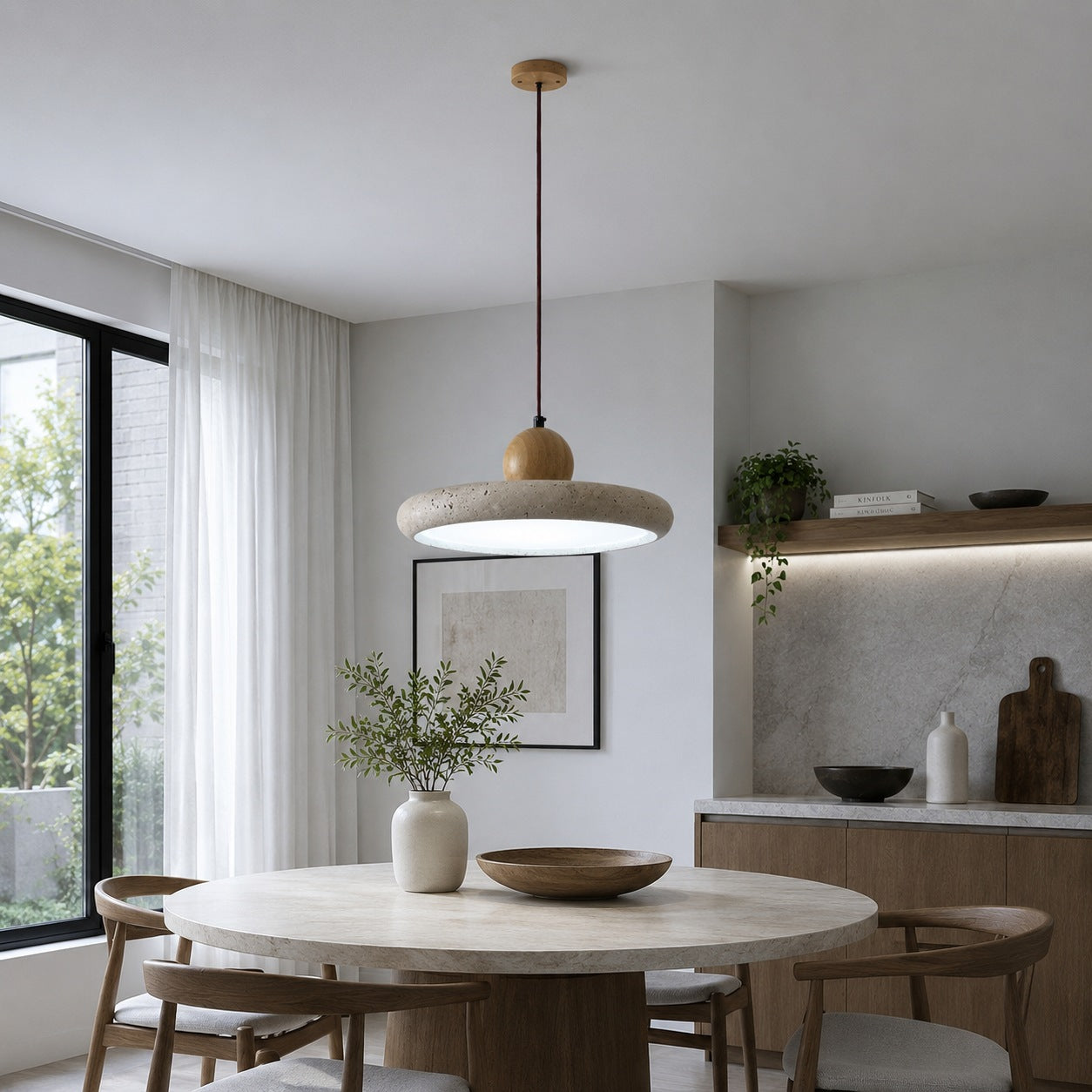 Modern Pendant Lamp Hanging LED Travertine Stone Kitchen Pendant Lighting 30cm Diameter