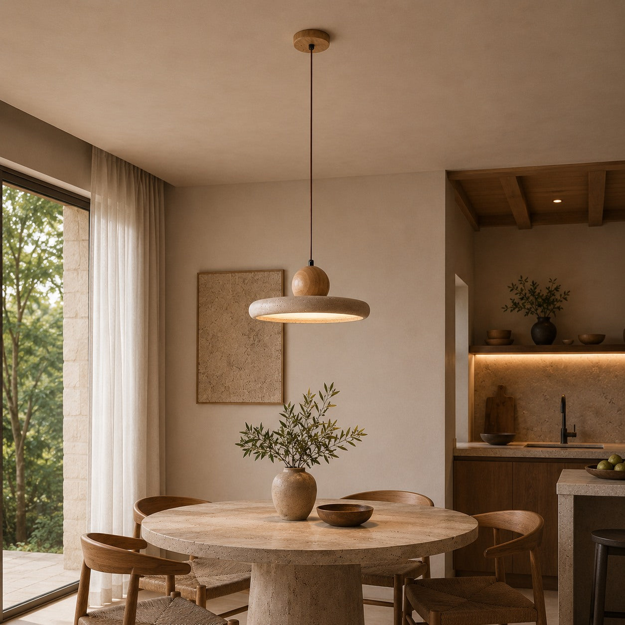 Modern Pendant Lamp Hanging LED Travertine Stone Kitchen Pendant Lighting 30cm Diameter
