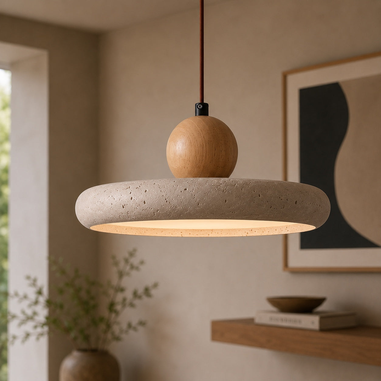 Modern Pendant Lamp Hanging LED Travertine Stone Kitchen Pendant Lighting 30cm Diameter