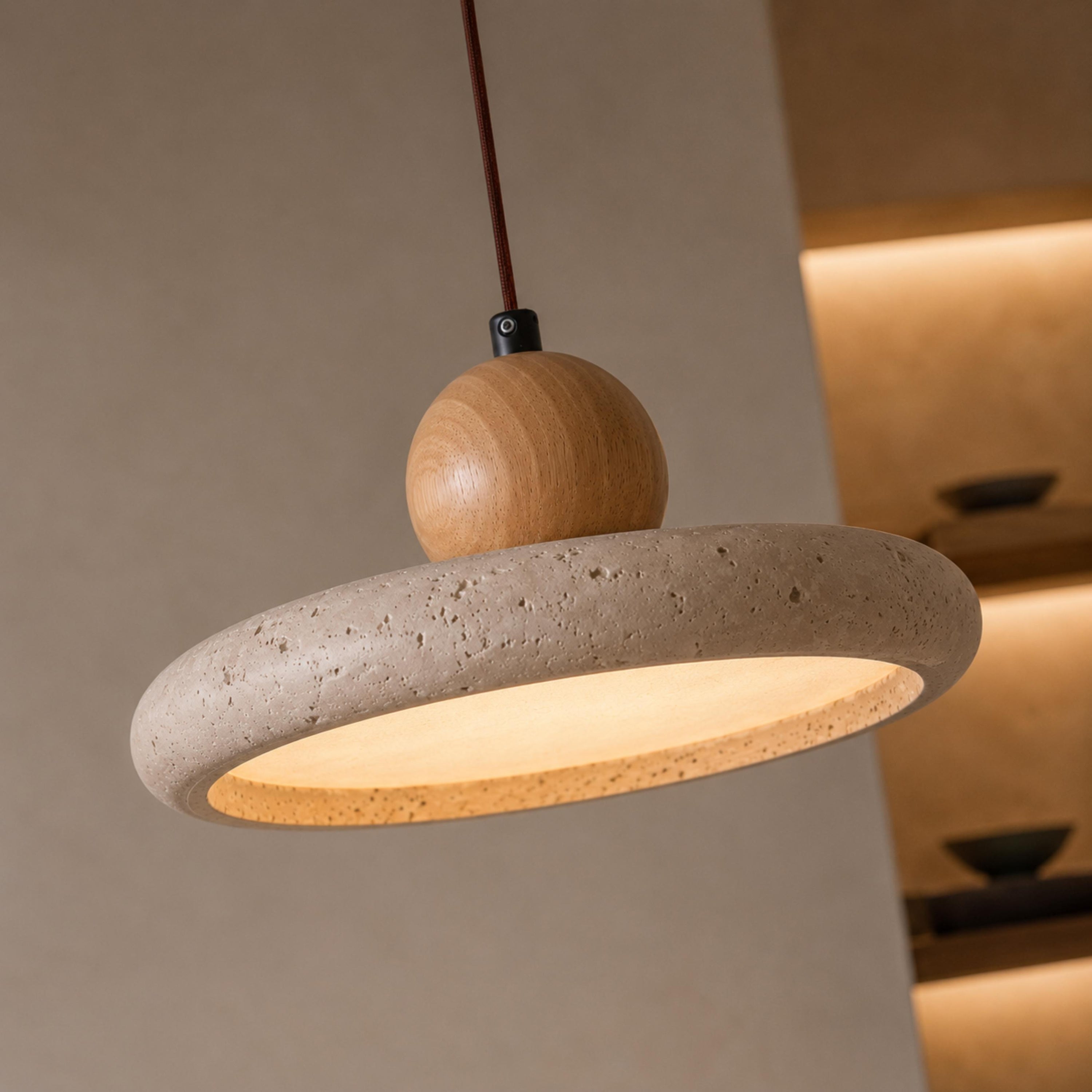 Modern Pendant Lamp Hanging LED Travertine Stone Kitchen Pendant Lighting 30cm Diameter