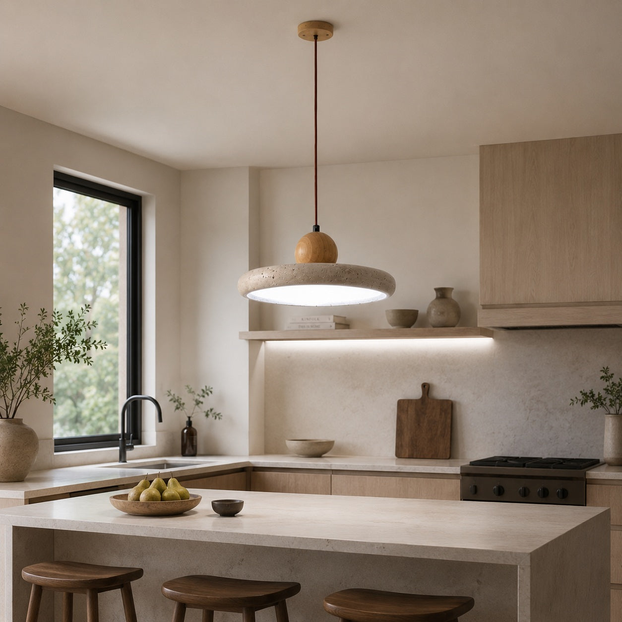 Modern Pendant Lamp Hanging LED Travertine Stone Kitchen Pendant Lighting 30cm Diameter