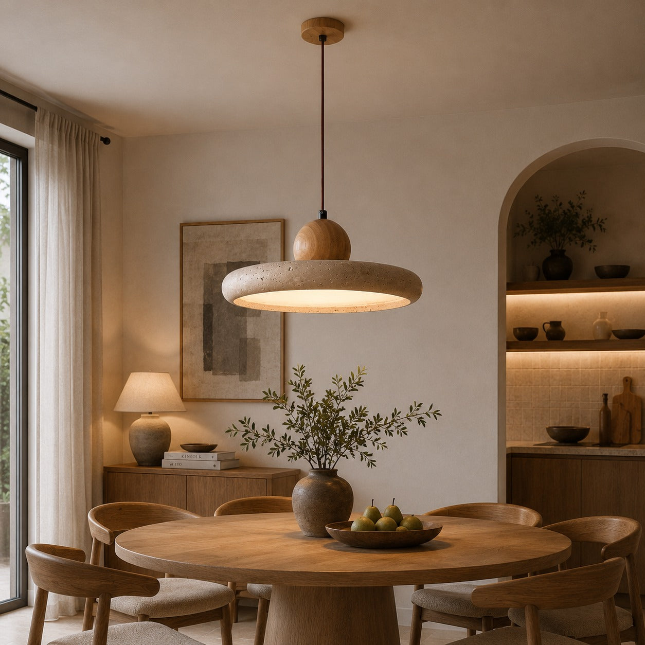 Modern Pendant Lamp Hanging LED Travertine Stone Kitchen Pendant Lighting 30cm Diameter