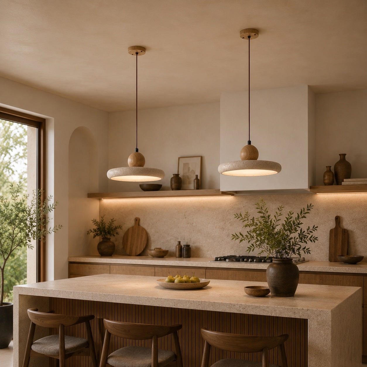 Modern Pendant Lamp Hanging LED Travertine Stone Kitchen Pendant Lighting 30cm Diameter