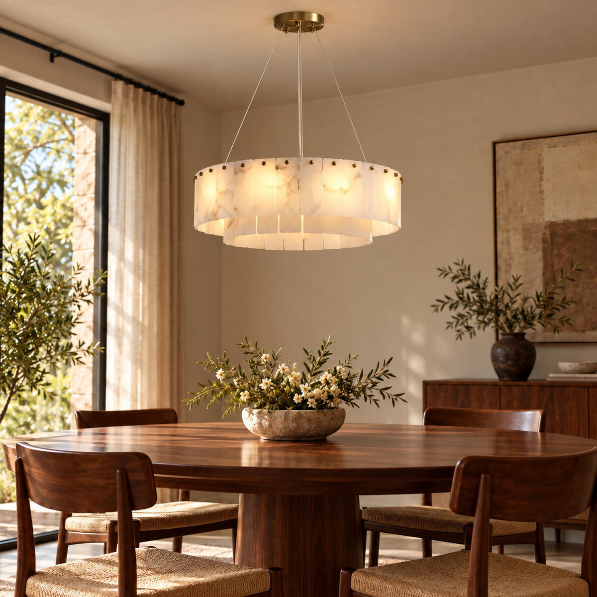 Modern Chandelier Adjustable Hanging Alabaster 9 Light Fixture for Dining Room Gold Finish