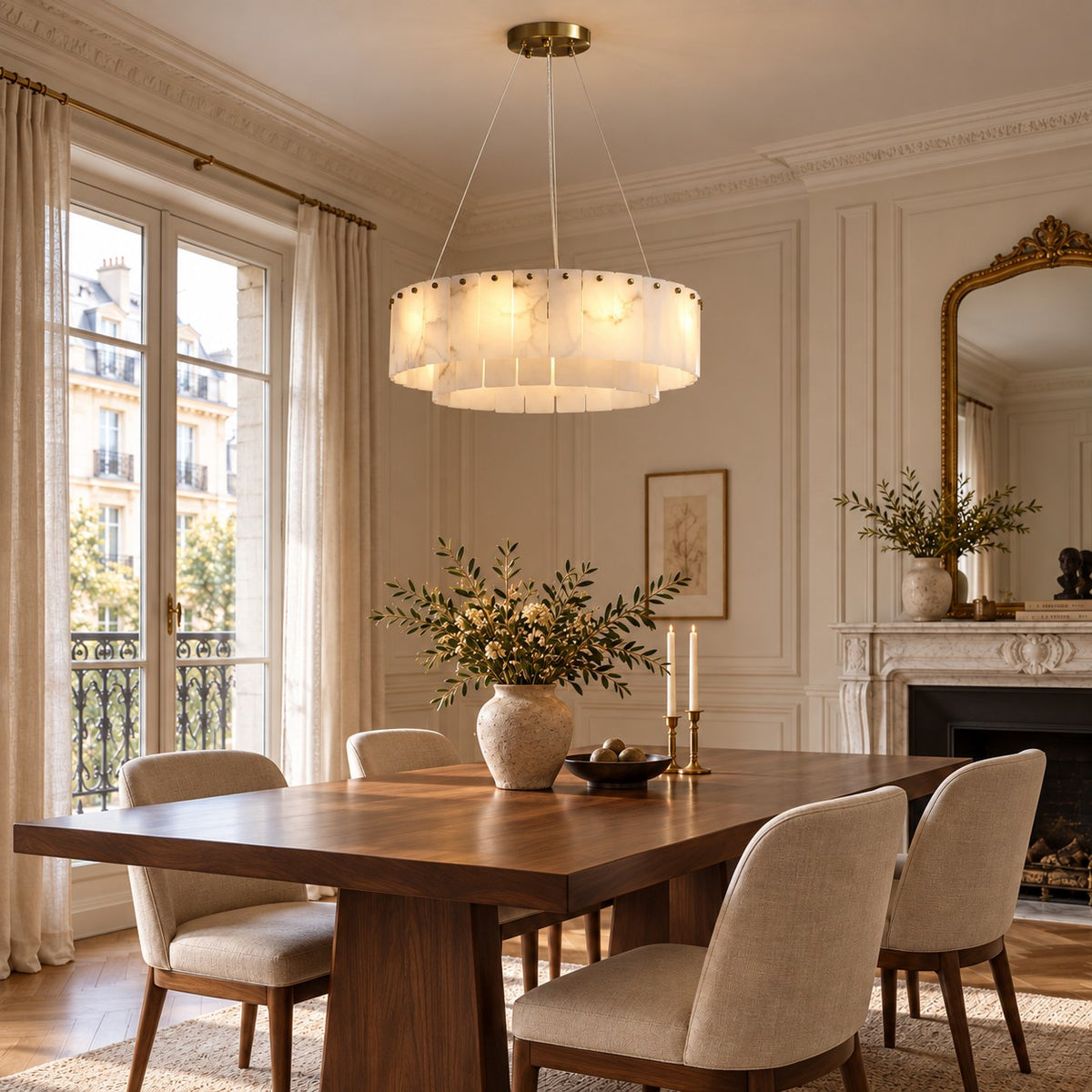 Modern Chandelier Adjustable Hanging Alabaster 9 Light Fixture for Dining Room Gold Finish