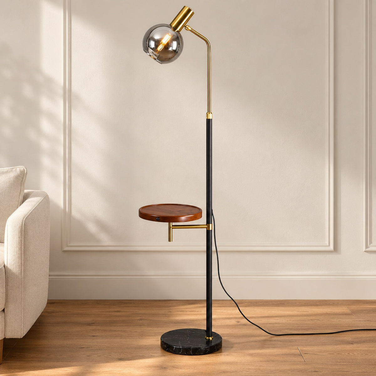 Modern Gold Floor Lamp with Adjustable Height Marble Base USB Powered for Living Room