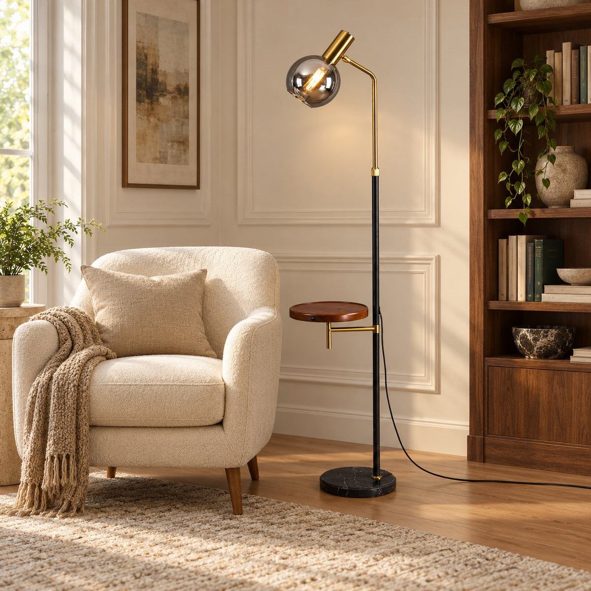 Modern Gold Floor Lamp with Adjustable Height Marble Base USB Powered for Living Room
