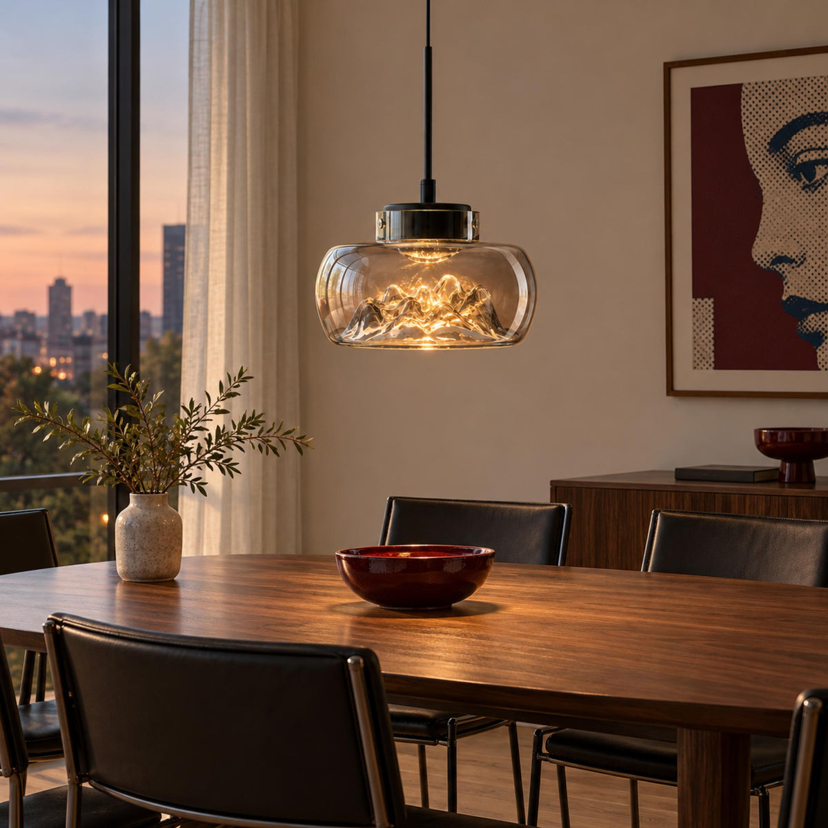 Modern Glass Pendant Lighting Hanging Fixture with Iron Frame and Textured Interior for Warm Illumination