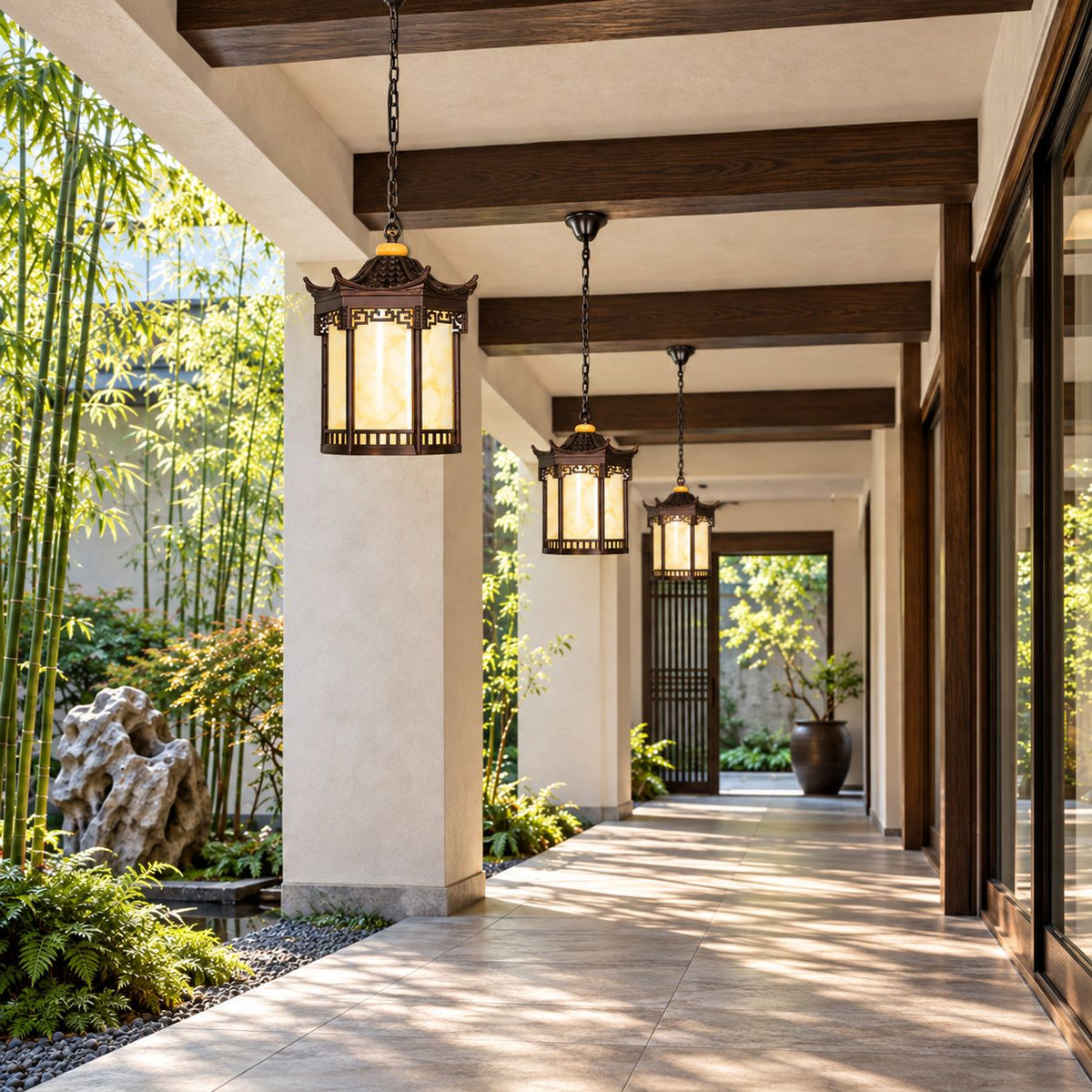 Traditional Pagoda Outdoor Hanging Light with Faux Alabaster & Bronze Gold Aluminium Frame