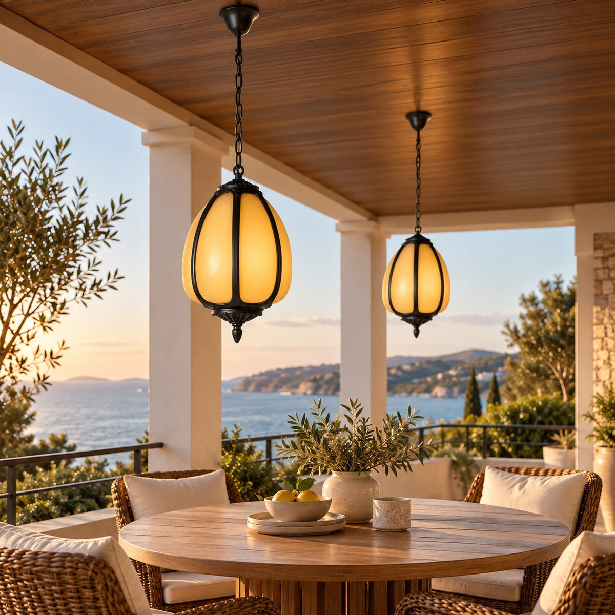 Traditional Outdoor Pendant Light with Faux Alabaster & Black Die-Cast Aluminium Frame