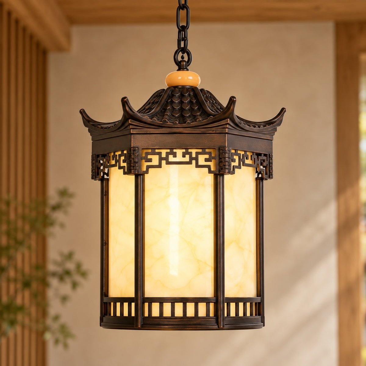 Traditional Pagoda Outdoor Hanging Light with Faux Alabaster & Bronze Gold Aluminium Frame