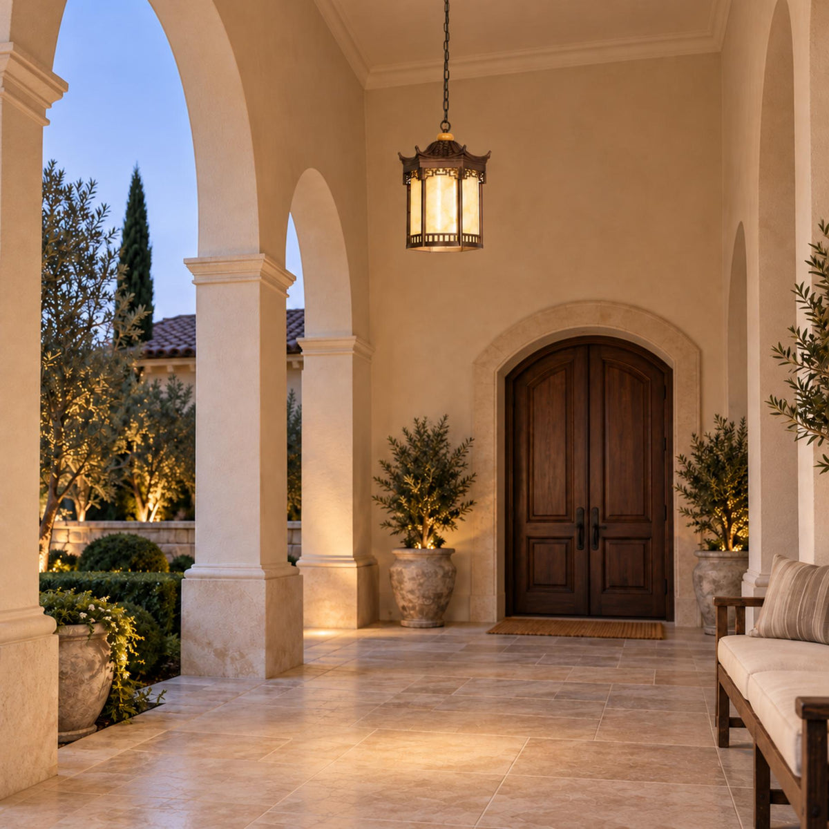Traditional Pagoda Outdoor Hanging Light with Faux Alabaster & Bronze Gold Aluminium Frame