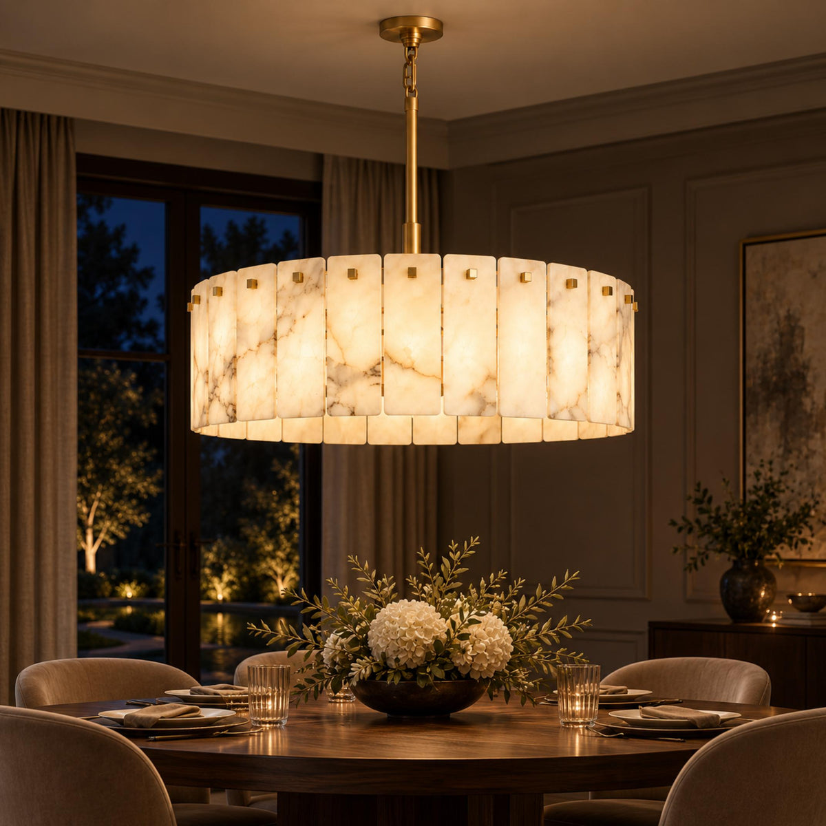 Modern Drum Chandelier Hanging Light Fixture with Alabaster Panels and Gold Frame for Soft Illumination