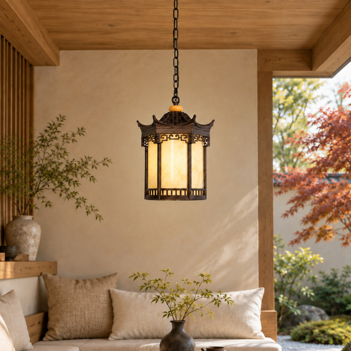 Traditional Pagoda Outdoor Hanging Light with Faux Alabaster & Bronze Gold Aluminium Frame