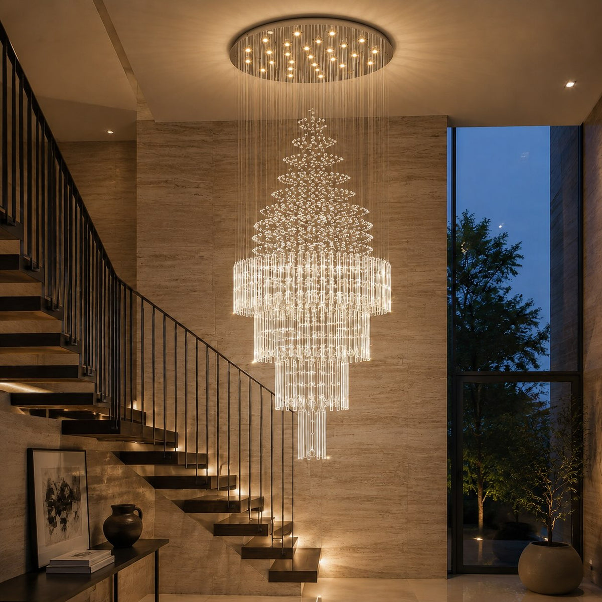 Modern Crystal Chandelier Adjustable Height Stainless Steel LED 18 Lights for Ceiling Mount