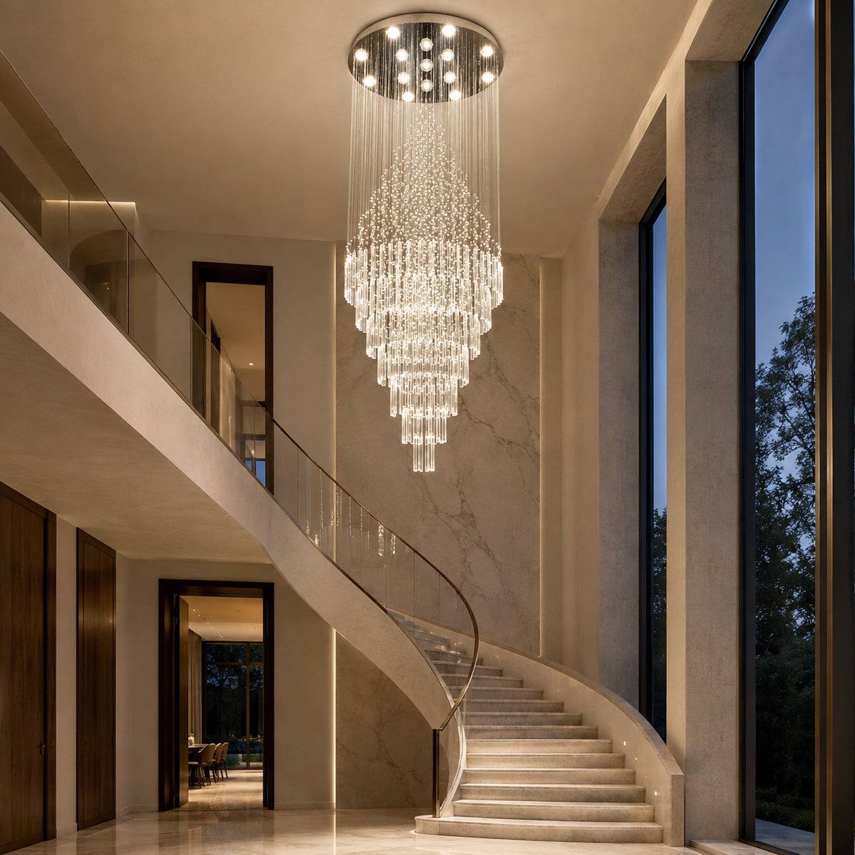 Modern Crystal Chandelier Adjustable Height Stainless Steel LED 18 Lights for Ceiling Mount