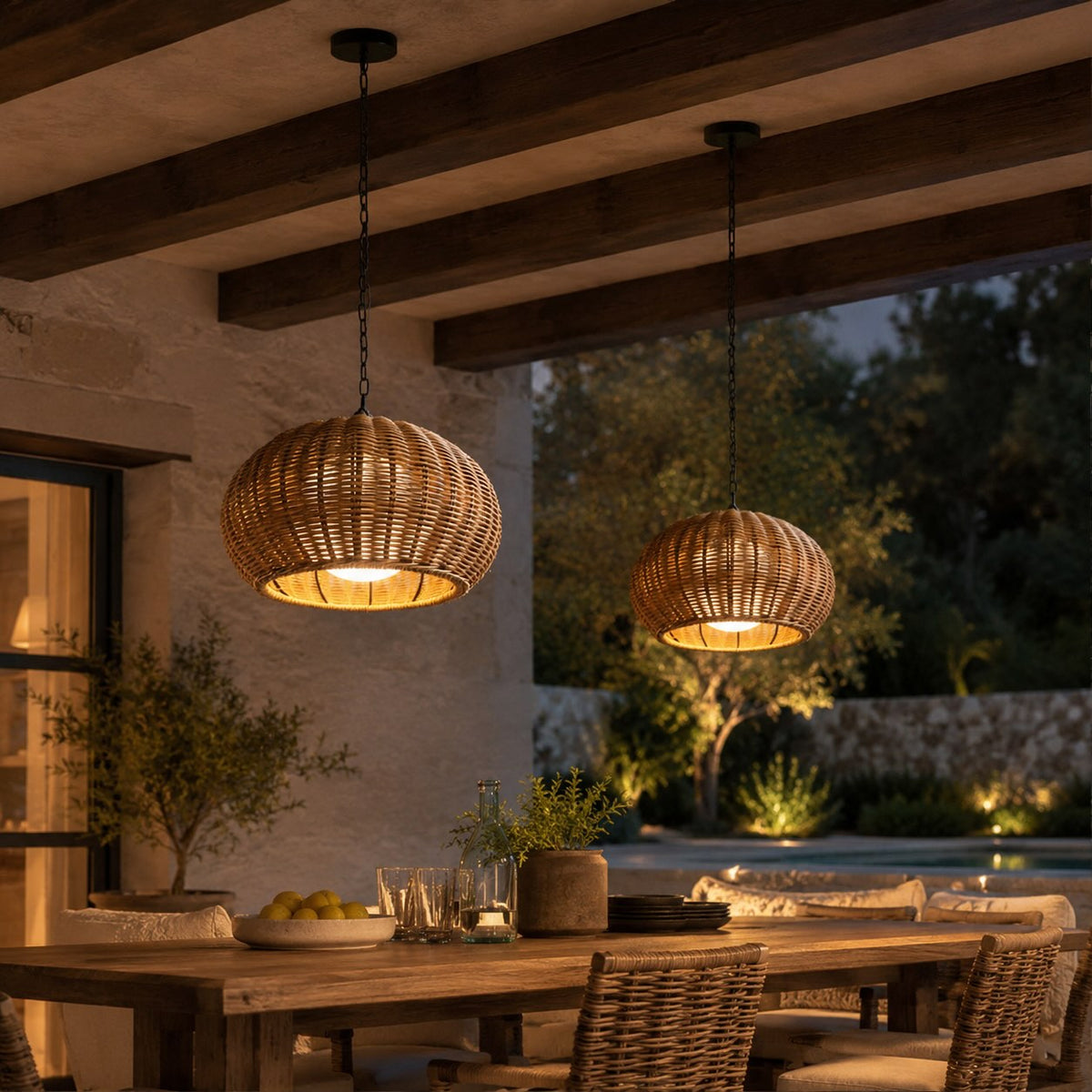 Modern Outdoor Pendant Light Fixture Hanging PE Rattan Waterproof LED Compatible 3000K