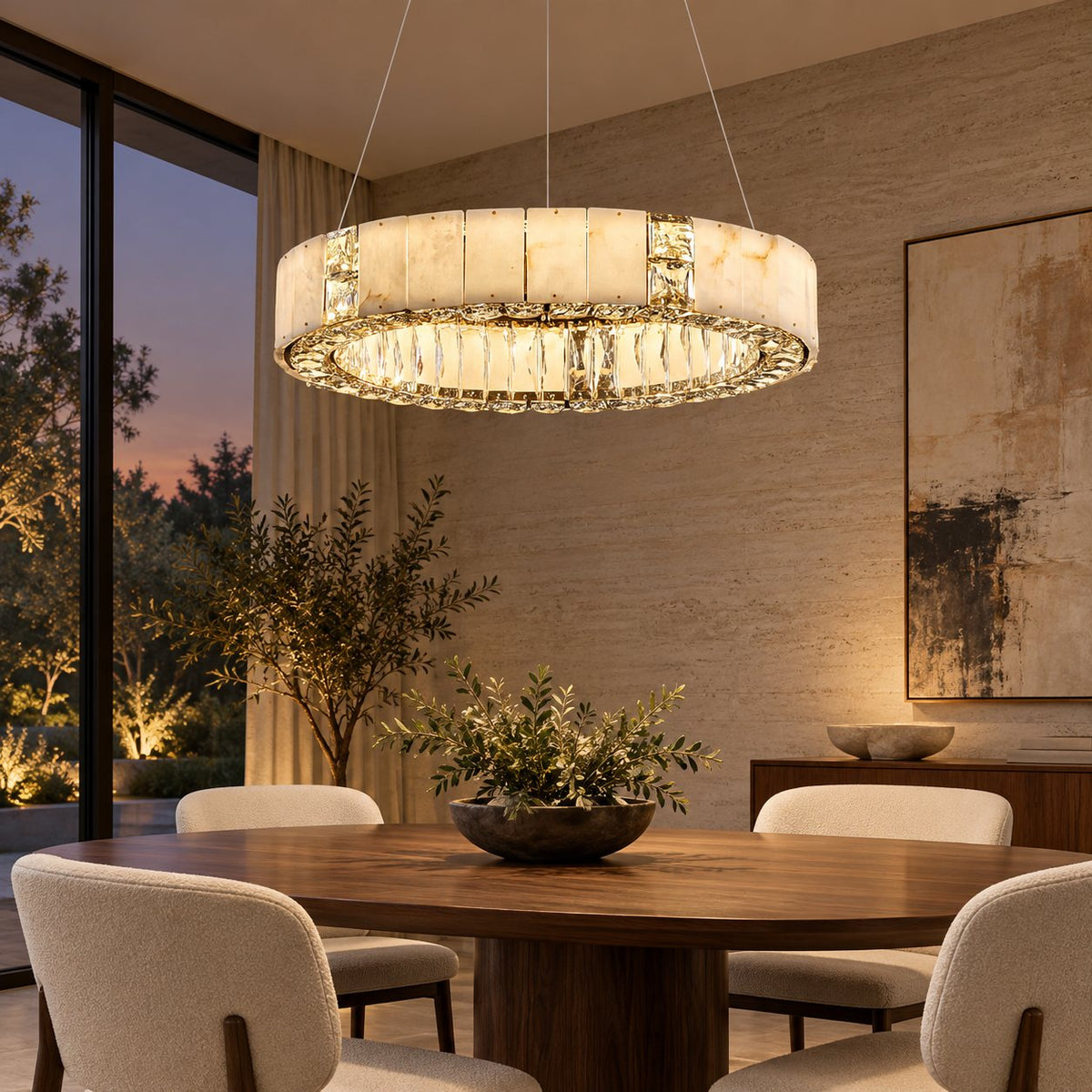 Modern Crystal Chandelier Hanging Light Fixture with Adjustable LED Alabaster Design